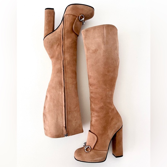 GUCCI | Lillian Horsebit Beige Tan Suede Leather Tall Knee High Heel Boot EU 37 - Picture 8 of 16